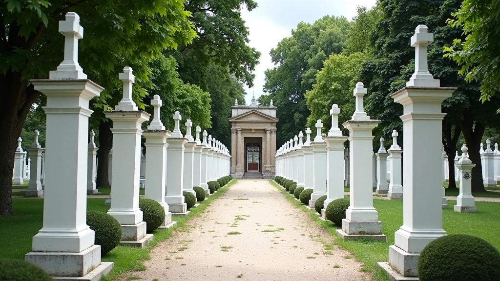 Senos kapinės su baltomis kolonomis ir klasikinėmis kryžių formomis